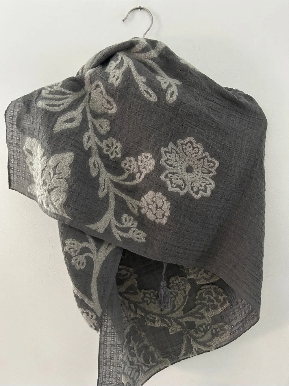 Pure Jill Gray Floral Embroidered Scarf Lightweight Drape Summer Evening Wrap